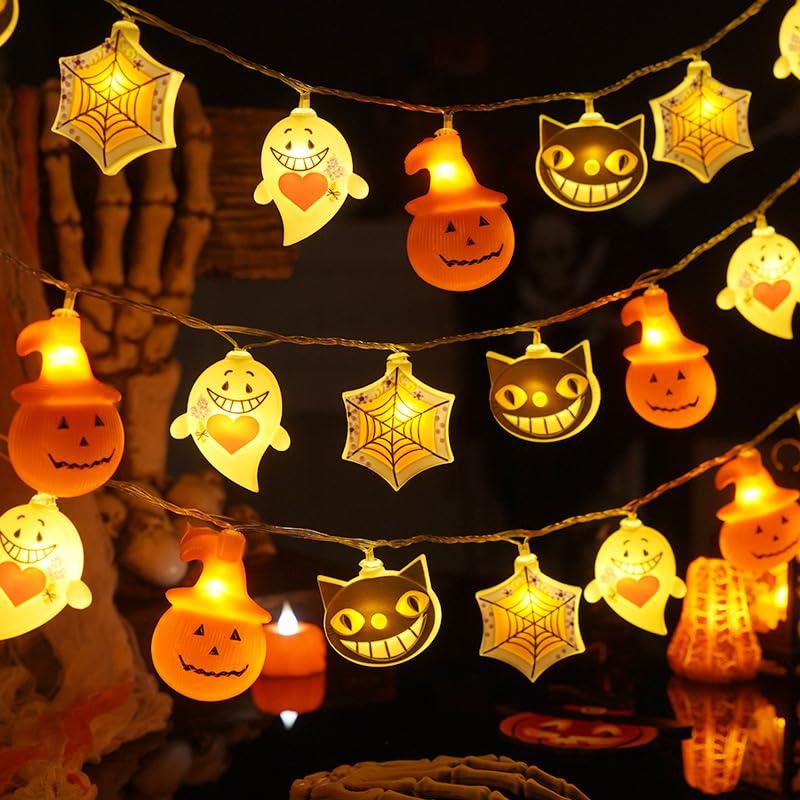 Qillnyy Catena Luminosa Decorativa Halloween 4m 20 LED con Motivi Zucca, Fantasma, Ragnatela e Gatto