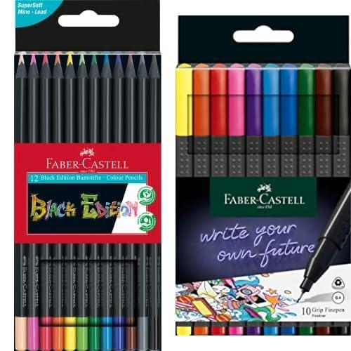 Faber-Castell 116412 - Matite colorate Blackwood, Black Edition, scatola da 12 151610 - GRIP Finepen, fineliner, con punta in fibra metallica da 0,4 mm, set da 10