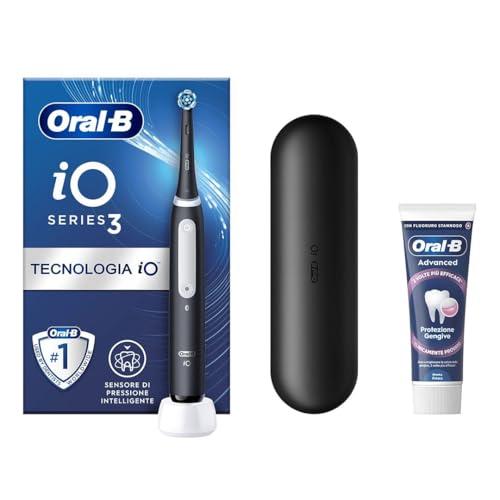 Oral-B iO 3 Nero Spazzolino Elettrico Ricaricabile con Custodia da Viaggio e Dentifricio Advanced Protezione Gengive