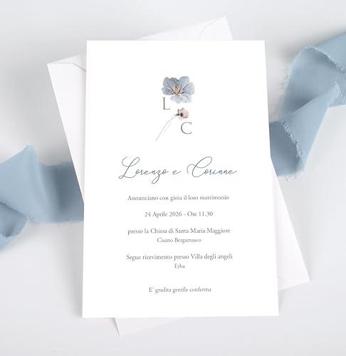 Partecipazioni Matrimonio Fiori Rosa e Azzurro Polvere - Inviti Nozze Acquerello (Set da 10)