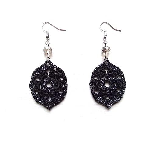 Orecchini Ovali Neri in Pizzo all'Uncinetto - Eleganza Artigianale Made in Italy