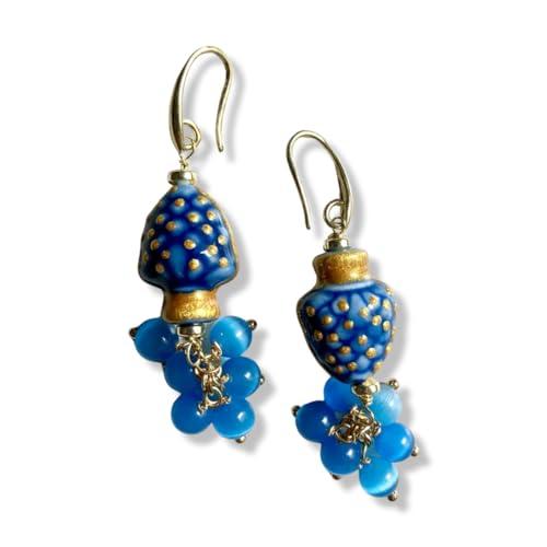 Orecchini con Pigne siciliane in ceramica e pietre dure (Azzurro)
