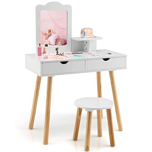 COSTWAY Set Toeletta per Bambini, Postazione Trucco in Legno con Sgabello, Specchio Rettangolare Staccabile e 2 Cassetti Capienti, Ideale per Bambini dai 3 ai 7 Anni, 70 x 37 x 100 cm (Bianco)