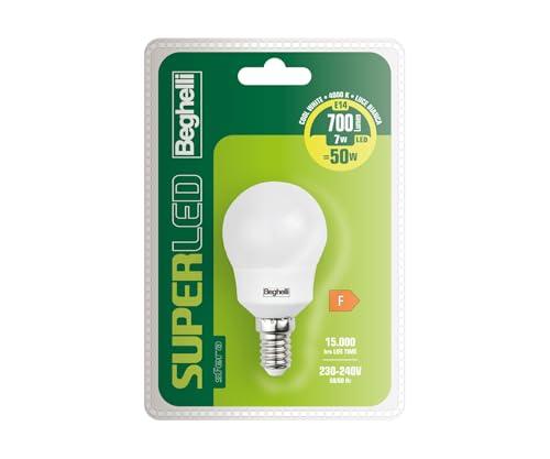 Beghelli Super E14 Bianca, Lampadina LED a Sfera 7W, 700lm, 4000K, Luce Neutra