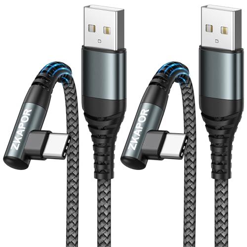 ZKAPOR Cavo USB Tipo C [2Pezzi, 2m], 90 Gradi Cavo USB C di Ricarica Rapida 3.1A Nylon Intrecciato per iPhone 15/15 Pro Max, Samsung Galaxy S23/S22/S21, Note 10, Huawei P40/P30, Google Pixel -Grigio