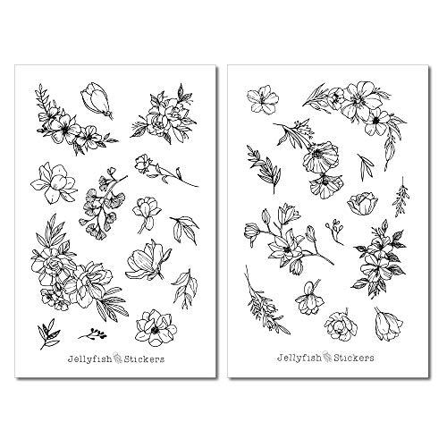 Fiori Set di adesivi in bianco e nero | Adesivi floreali | Adesivi per il diario | Adesivi per il giardino | Adesivi per l'agenda | Adesivo floreale, piante