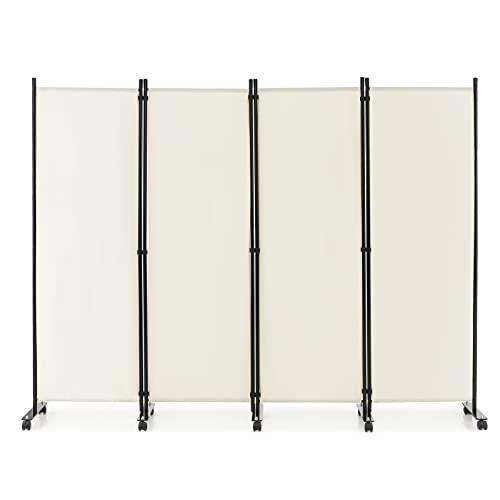 COSTWAY Paravento da Interno in Metallo, Separé Divisorio Interno Pieghevole con Piedini Stabili, Pannelli Divisori per Interni per Casa e Ufficio (Bianco, 225 x 173 cm (4 Pannelli con ruote))