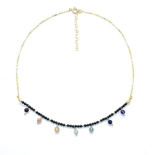 Girocollo da donna 7 chakra pietra naturale spinello nero argento sterling 925 placcato oro 3 micron lunghezza di 40 cm espandibile a 45 cm