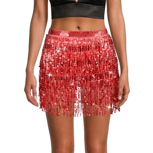 OFFCUP Faldas de Danza del Vientre para Mujer, Falda Flecos Mujer Faldas Carnaval, Falda con Borlas Lentejuelas para, Vestido con Flecos Rave (Rosso)