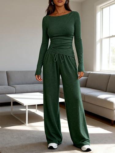 Set Felpa Donna Maniche Lunghe Crop Top e Pantaloni Gamba Larga Verde