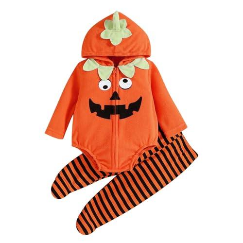 Set Halloween Neonato: Pagliaccetto Zucca, Pantaloni a Righe e Cappuccio