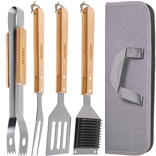 Set di Utensili da Barbecue in Acciaio e Legno - 4 Pezzi con Borsa