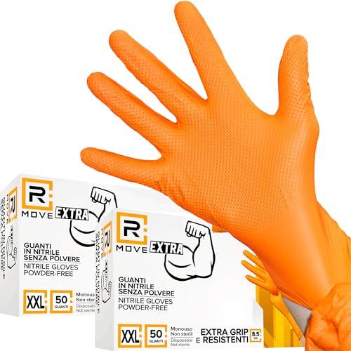 RMOVE 50+50 Guanti in nitrile Diamond 8,5 gr. +140% di SPESSORE rispetto al 3,5 gr Guanti antiscivolo, Grip su tutto il palmo per una perfetta presa, Guanti da lavoro antiscivolo (XXL (11), Arancione)