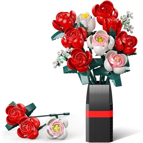 Set di Costruzione Fiori e Piante, 841 PCS - 11 Rose Collezione Botanica Fiori Artificiali Eterni con Vaso