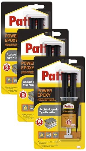 Pattex Power Epoxy Acciaio Liquido, colla epossidica bicomponente color metallo a base di resina epossidica, forte adesivo epossidico per metalli e altri materiali, 1x35g (Confezione da 3)