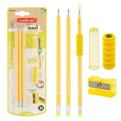 Starplast Set Matite HB con Gomma, Temperamatite e Tappo - Gialle, Esagonali, 19cm