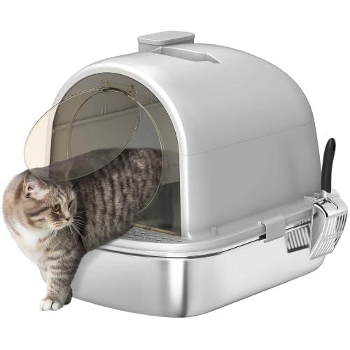 PawHut Lettiera Gatto Chiusa L in Acciaio Inox con Maniglia, Grigio