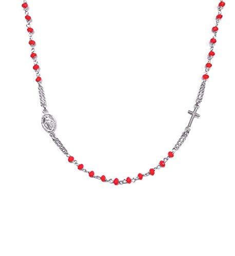 Collana Rosario Girocollo Donna Argento 925 Pietre Rosse Croce Medaglietta Madonna