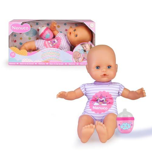 Nenuco - Bambola morbida con biberon sonaglio e pigiama a righe con unicorni