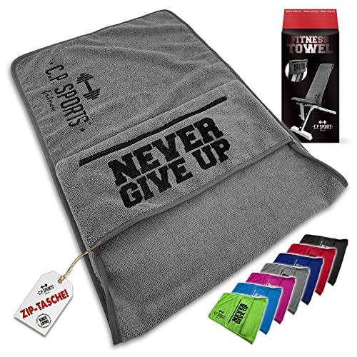 C.P. Sports - Asciugamano fitness in microfibra, fissaggio + borsa con chiusura lampo, per palestra, allenamento, sport, extra morbido, lavabile, lungo e grande, unisex, colore: grigio chiaro