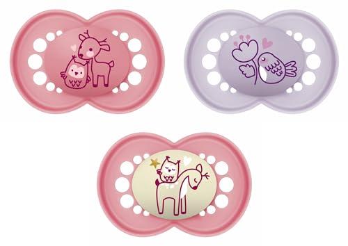 MAM Set di ciucci Original Day & Night con tettarella in silicone SkinsoftTM Ultrasuave per neonati 6+ mesi, rosa, 3 pezzi