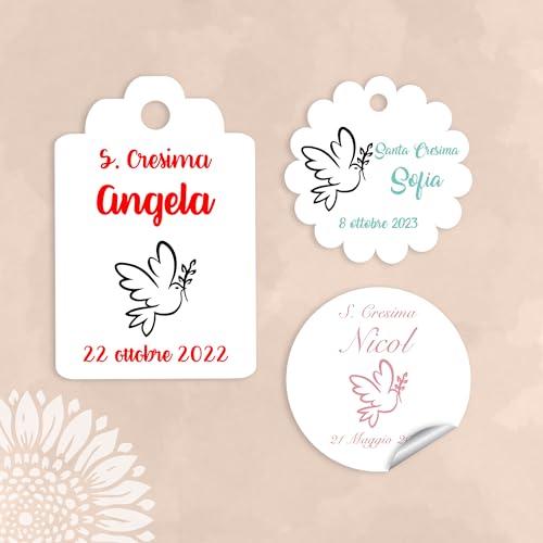 10 pezzi Cartellini o Adesivi Cresima personalizzati, bomboniera, classico, rettangolo, tondo, etichette, Santa Cresima, tag, colomba (CRE-02)