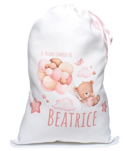 Sacchetto porta corredino personalizzato con il nome del tuo bambino bambina chiusura a coulisse sacca primo cambio neonato (Rosa)