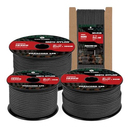 Kamu Synber 425 Paracord 3mm x 15m Nero - Corda in Nylon Tipo II ad Alta Resistenza