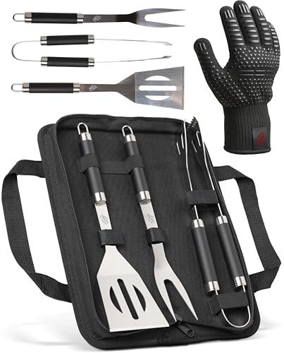 HORUS 23 - Set Accessori Barbecue Professionale con Borsa Porta Attrezzi BBQ - 4 Accessori BBQ: Pinze, Spatola, Forchettone e Guanto Ignifugo