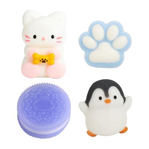 SSKHE Set di 4 Taba Squishy - Oreo viola + zampa di gatto blu + pinguino bianco e nero + gattino bianco | giocattoli anti-stress comprimibili per alleviare lo stress