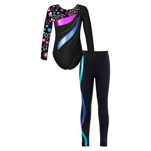 Freebily Body da Ginnastica Artistica Bambina con Leggings Sportivi Strass Leotard a Maniche Lunghe Abito da Danza Classica Moderna Jazz Tuta da Balletto Ballo Latino Nero&Blu 13-14 anni