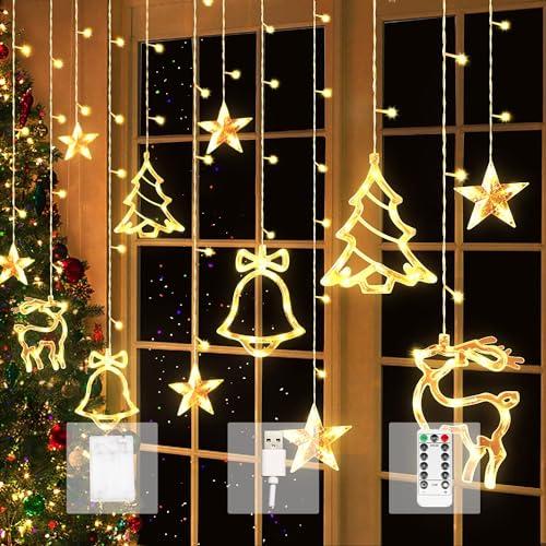 Aluusy Tenda Luminosa Natale, 3.5M LED Luci Natale Interno/Esterno a Batteria/USB, Catena Luminosa con Telecomando 8 Modalità per Decorazioni Natalizie, Finestre, Balcone, Tende -Bianco Caldo