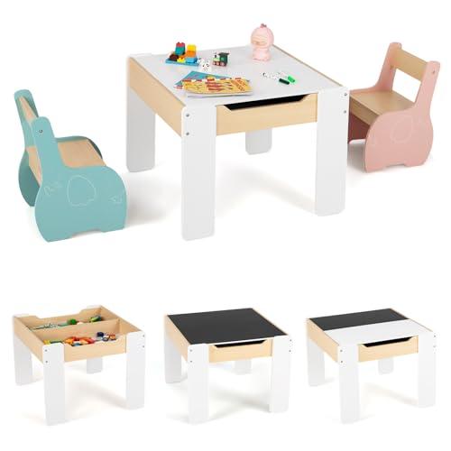 COSTWAY Tavolo e Sedie per Bambini 3 in 1 con Lavagna e Archiviazione