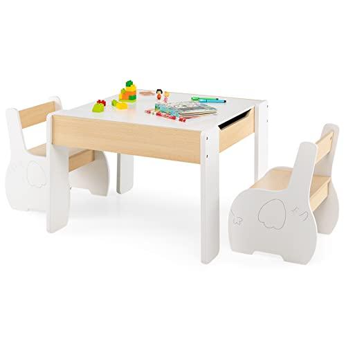 COSTWAY 3 in 1 Set Tavolo e Sedie per Bambini, Tavolo da Attività per Bambini con 2 Sedie, Lavagna Rimovibile e Deposito, per Giocare, Disegnare e Leggere, in Legno (bianco)
