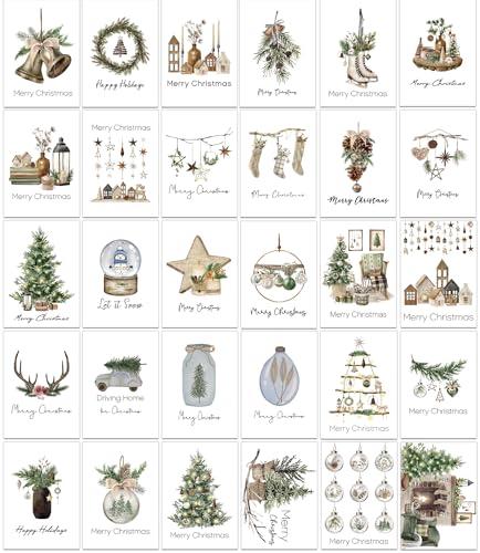SILARLAIT 32 pezzi Biglietto di Auguri Natale ad Acquerello, Cartoline di Natale, 32 Disegni Vari, Formato A6, Kit di Cartoline Postali per Parenti, Stretti, Amici, Colleghi