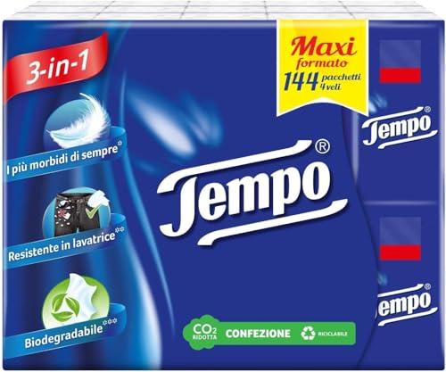 Tempo Fazzoletti Tascabili - 144 Pacchetti, 4 Veli, Morbidezza e Resistenza