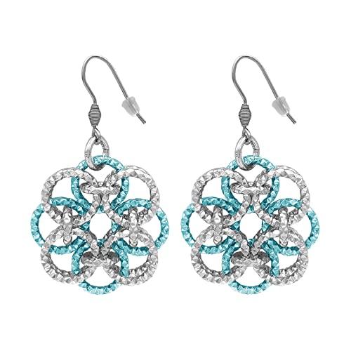 Orecchini Donna Pendenti Lunghi e Leggeri Intrecciati in Acciaio e Alluminio ParticolarModa - Rosone (Argentato/Turchese)