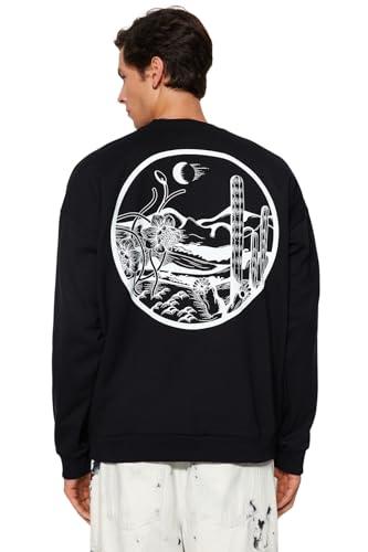 Trendyol Felpa Oversize con Stampa Paesaggio Girocollo Nera