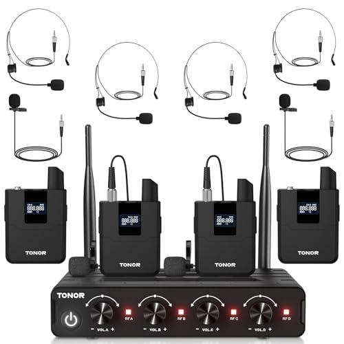 TONOR UHF Set di microfoni wireless con 4 trasmettitori Bodypack/cuffie/microfono senza fili, 4x5 frequenze 60m gamma microfono senza fili per Karaoke Chiesa DJ PA sistema di altoparlanti, TW364