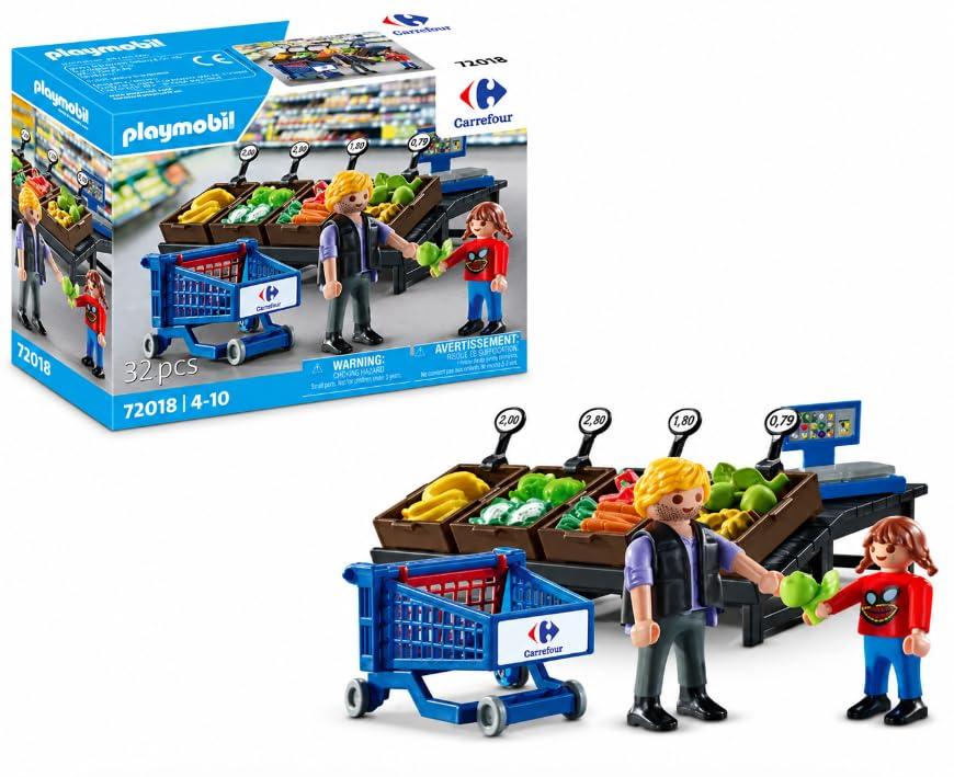 Playmobil 72018 Le Primeur Carrefour - Negozio di frutta e verdura - 2 figurine, bancarelle di mercato e accessori - Giocattolo per bambini dai 3 anni - Collezione esclusiva Carrefour