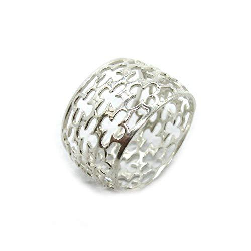 Anello in Argento Sterling 925 con Fascia a Fiore Largo 14mm
