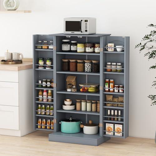 Credenza da Cucina Moderna COSTWAY Grigia con 6 Ripiani Regolabili