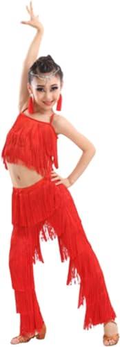 Set da Ballo Latino for Ragazze Sala da Ballo Pantaloni con Nappe con Frange Taglie Forti E Top con Frange Solide Salsa Samba Costume da Competizione Costumi di Pratica di Danza(Red,150)