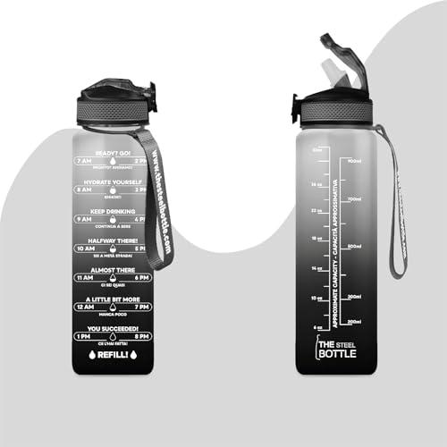 THE STEEL BOTTLE - Borraccia Motivazionale 1 Litro con Cannuccia e Fasce Orarie (Black & White)