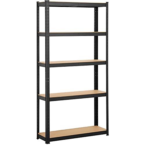 Scaffale Garage Yaheetech 180x90x30cm - 5 Ripiani in Metallo e MDF, Portata 175kg, Montaggio Facile Senza Viti, Ideale per Magazzino, Lavanderia, Negozio - Nero