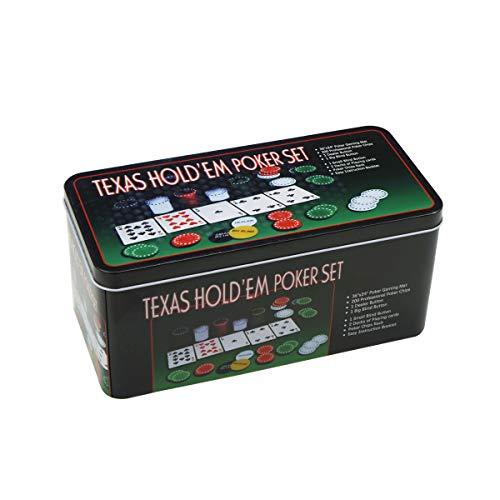 Set di poker - Blackjack in una scatola di metallo, 200 gettoni da poker, 2 mazzi, pulsante dealer, small blind, big blind, play mat