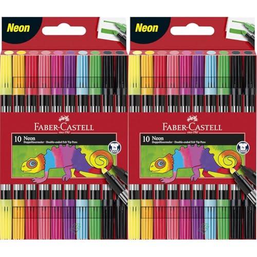 Faber-Castell 151109 - Set di penne con punta in feltro neon, 10 penne con doppia punta in fibra per bambini e adulti (Confezione da 2)