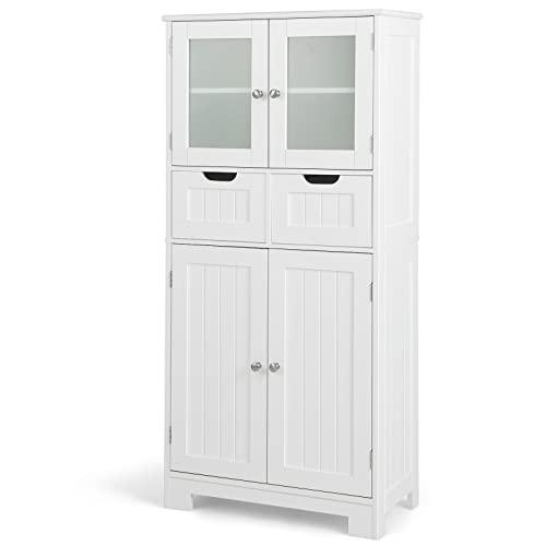 COSTWAY Armadio da Terra con 4 Ante, Mobile da Bagno con 2 Ante in Vetro, 2 Cassetti e Ripiani Regolabili, Armadio Multifunzionale per Bagno e Soggiorno, 60x30x128cm (Bianco)