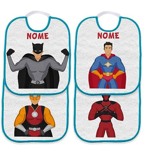 Set 4 Bavaglini Asilo Personalizzati Supereroi Bordo Azzurro