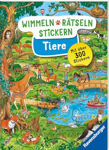 Ravensburger Wimmeln, Rätseln, Stickern: Tiere - Stickerbuch ab 4 Jahren, 13 Wimmelbilder, über 300 Sticker, Tiere
